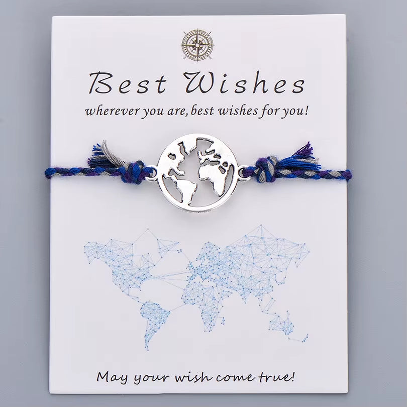 Colorful Braided Rope Charm Bracelet Best Wishes World Map Wish Bracelets for Women Men Kids Bohemian Boho Jewelry Gift