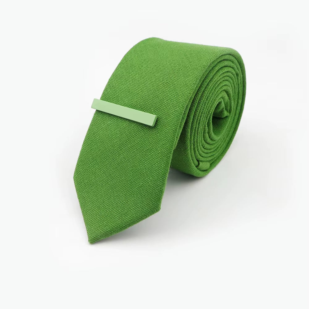 Tie&Clip Set Fashion 6Cm Solid Color Linen/Cotton Necktie Bright Ties Pin Clips Clasp Colourful for Men'S Clothing Accessories