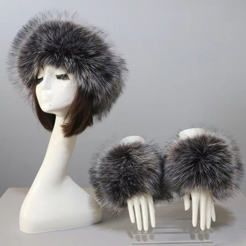 One Set Women Faux Fox Fur Cuffs + Headband Winter Warmer Hat Arm Wrist Sleeve Gloves Female Faux Fur Cap+Elastic Wristband