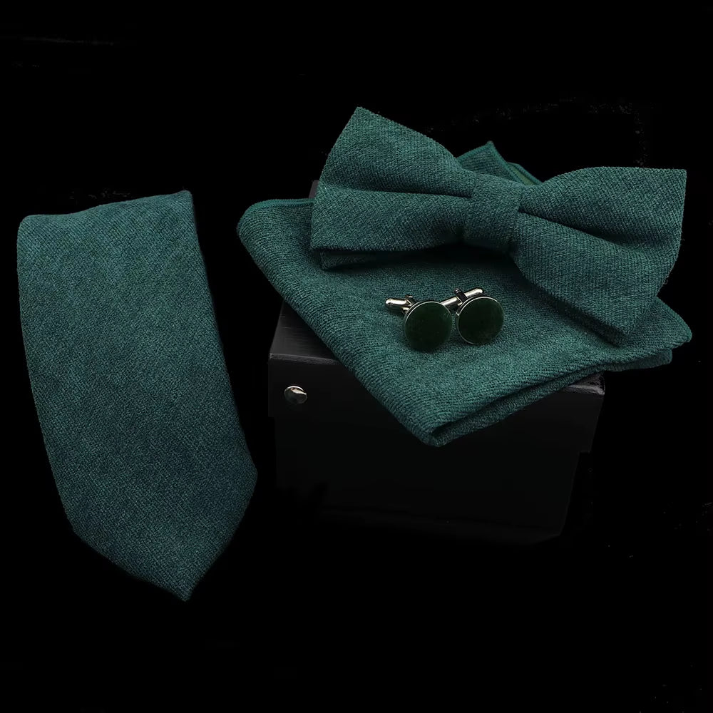 Solid Color Polyester Tie Bowtie Handkerchief Cufflinks Set Men Fashion Butterfly Wedding Necktie without Box Novelty Ties Gift