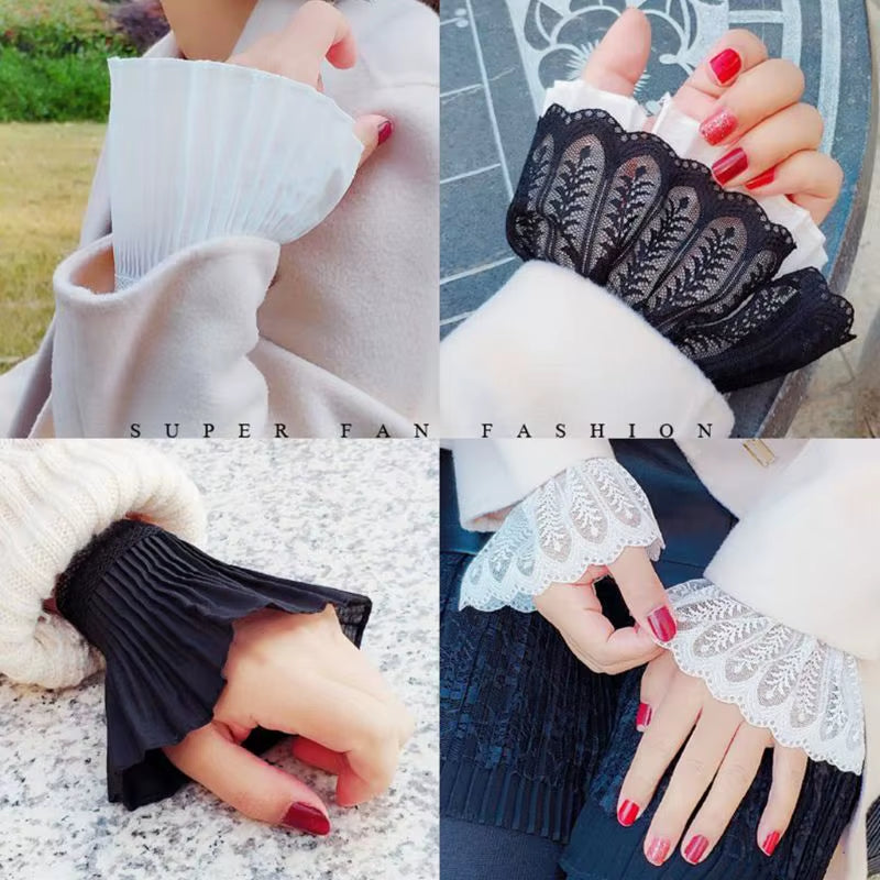 2Pcs/Pair Women Girls Fake Flare Sleeves Floral Lace Pleated Ruched False Cuffs Sweater Wrist Warmers with Faux Pearl Button