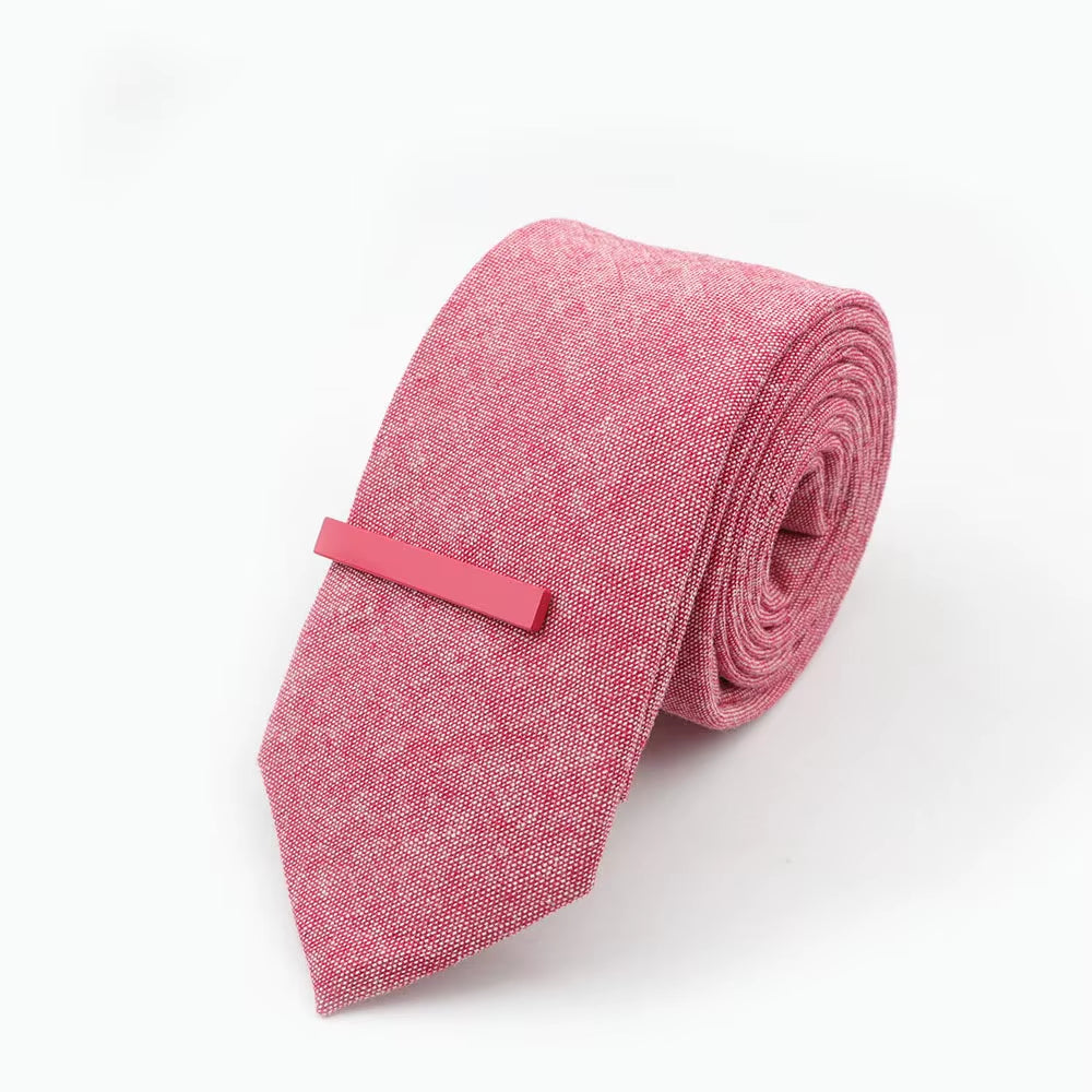 Tie&Clip Set Fashion 6Cm Solid Color Linen/Cotton Necktie Bright Ties Pin Clips Clasp Colourful for Men'S Clothing Accessories