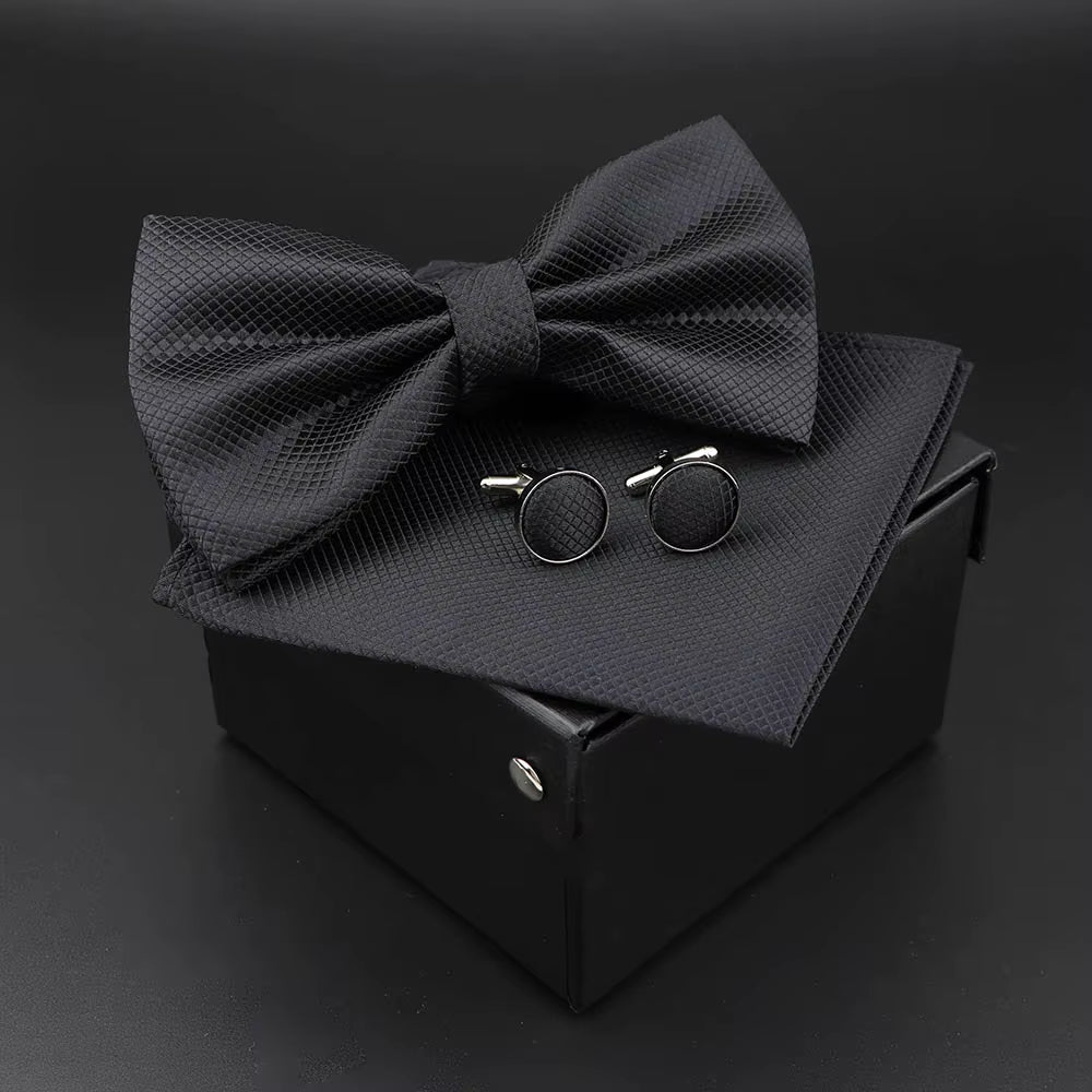 Solid Polyester Dots Bowtie Handkerchief Cufflinks Set Men Fashion Butterfly Party Wedding Bowties without Box Novelty Ties Gift