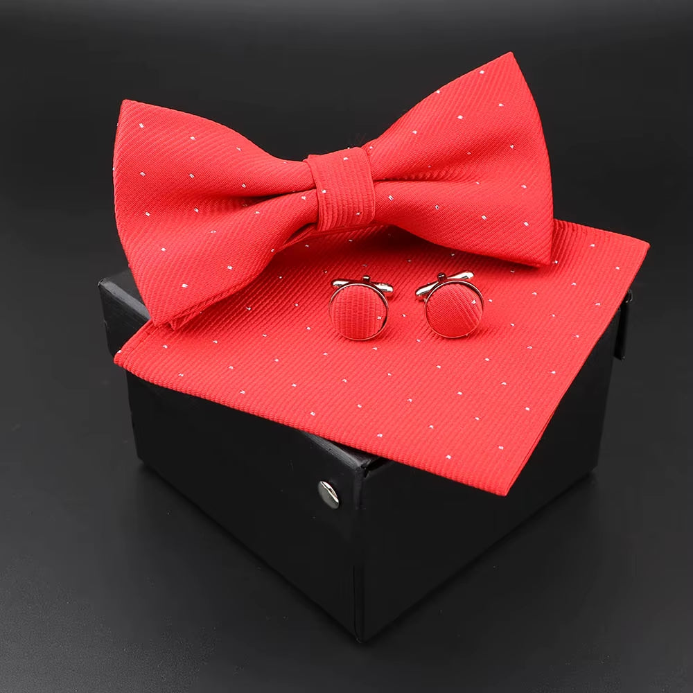 Solid Polyester Dots Bowtie Handkerchief Cufflinks Set Men Fashion Butterfly Party Wedding Bowties without Box Novelty Ties Gift