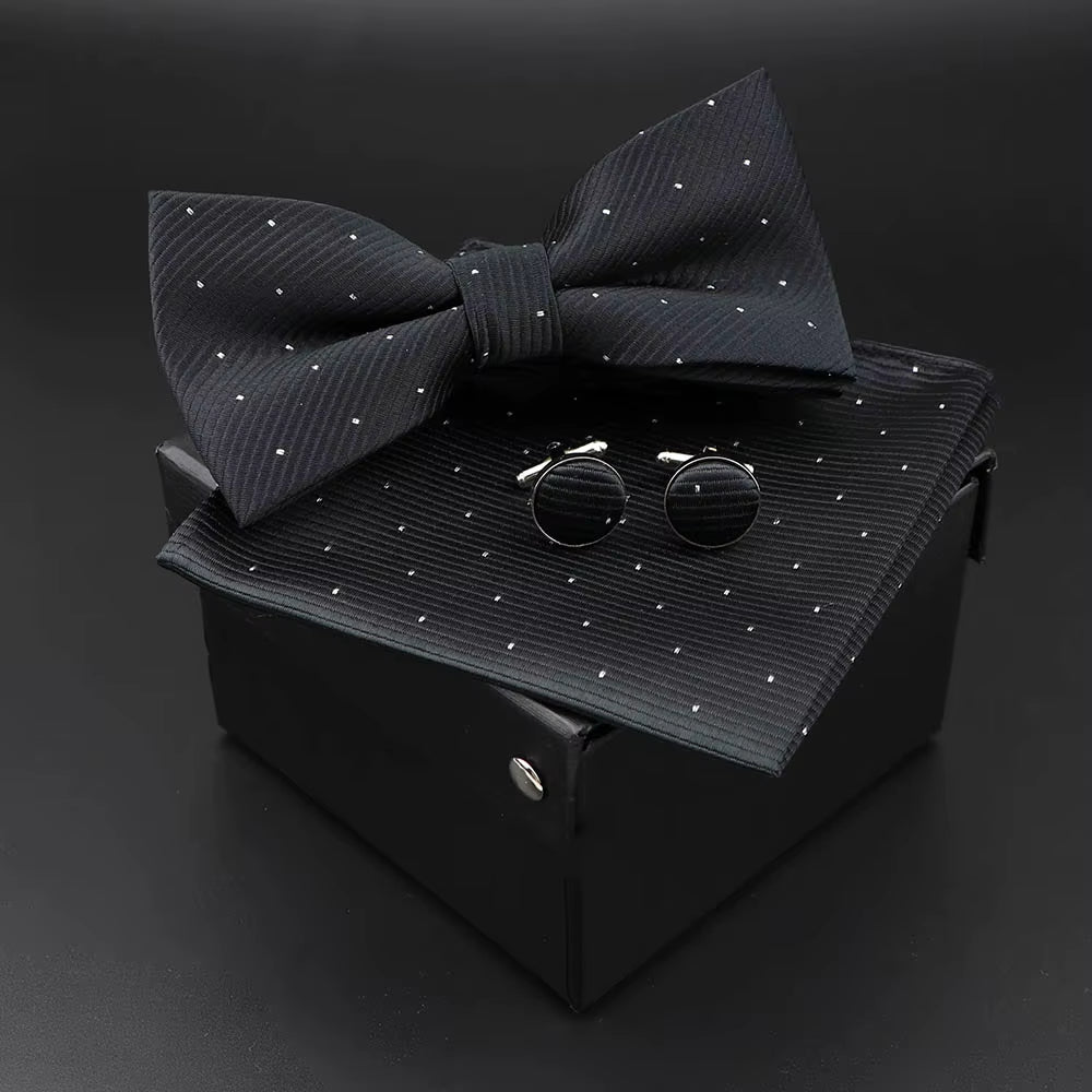 Solid Polyester Dots Bowtie Handkerchief Cufflinks Set Men Fashion Butterfly Party Wedding Bowties without Box Novelty Ties Gift