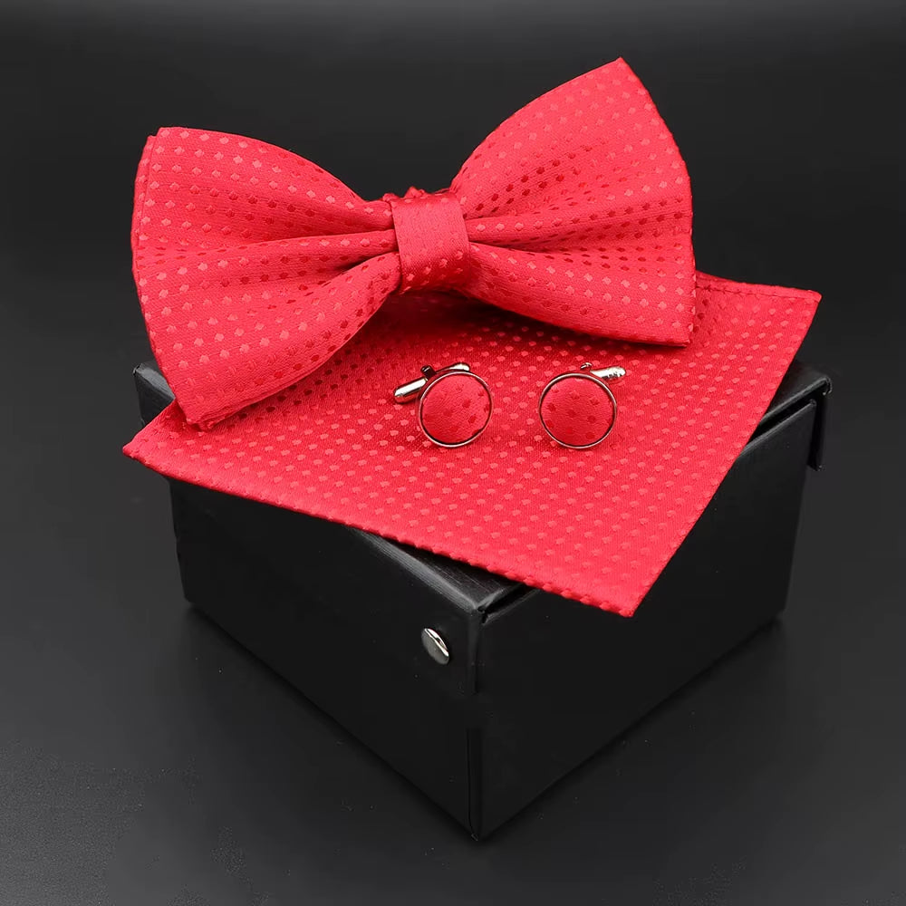 Solid Polyester Dots Bowtie Handkerchief Cufflinks Set Men Fashion Butterfly Party Wedding Bowties without Box Novelty Ties Gift