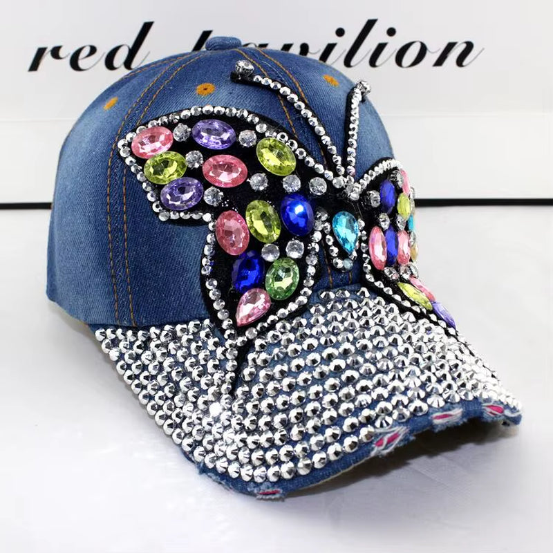 2017 Fall Baseball Cap Women Full Crystal Colorful Big Butterfly Hat Denim Bling Rhinestone Snapback Caps Casquette Summer Hats