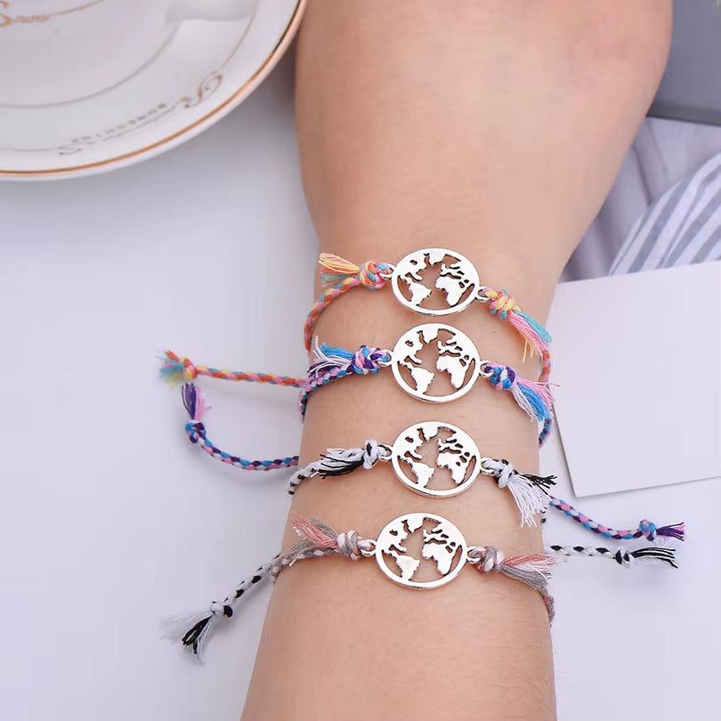 Colorful Braided Rope Charm Bracelet Best Wishes World Map Wish Bracelets for Women Men Kids Bohemian Boho Jewelry Gift