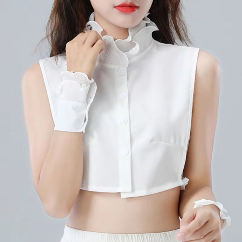 Women Sweet Layer Agaric Ruffles Stand False Fake Collar Button down Half-Shirt