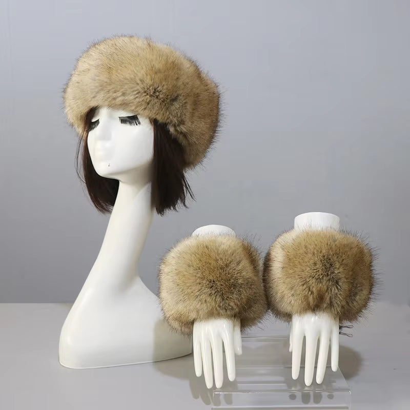 One Set Women Faux Fox Fur Cuffs + Headband Winter Warmer Hat Arm Wrist Sleeve Gloves Female Faux Fur Cap+Elastic Wristband