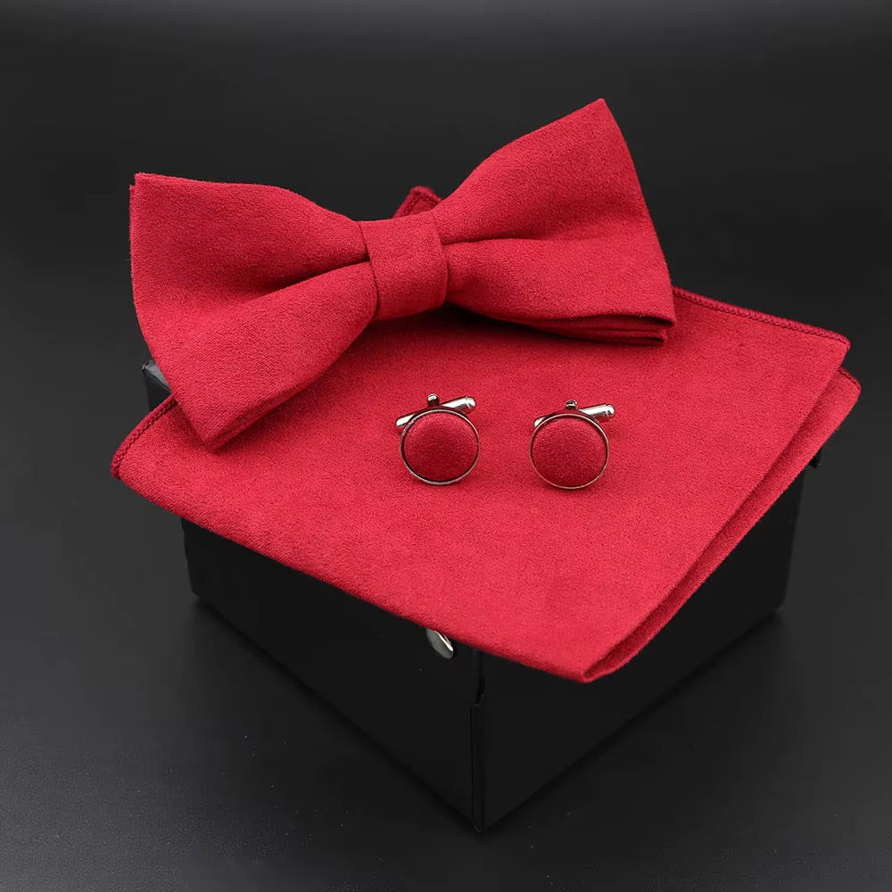 Solid Polyester Dots Bowtie Handkerchief Cufflinks Set Men Fashion Butterfly Party Wedding Bowties without Box Novelty Ties Gift