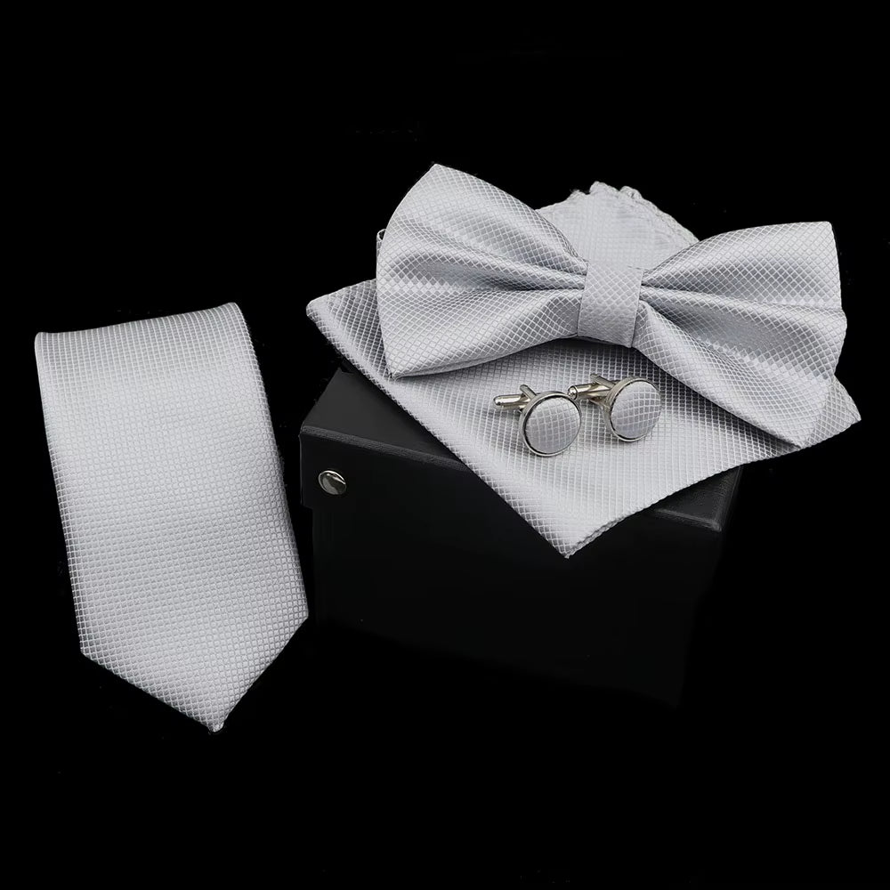 Solid Color Polyester Tie Bowtie Handkerchief Cufflinks Set Men Fashion Butterfly Wedding Necktie without Box Novelty Ties Gift