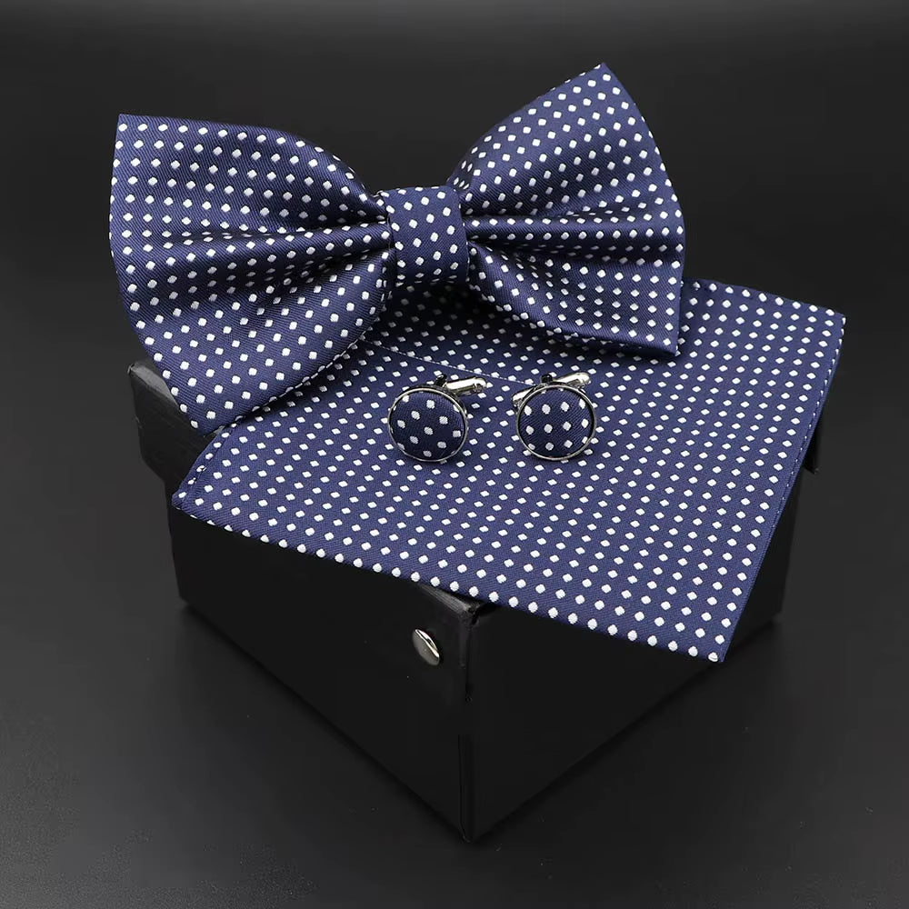 Solid Polyester Dots Bowtie Handkerchief Cufflinks Set Men Fashion Butterfly Party Wedding Bowties without Box Novelty Ties Gift