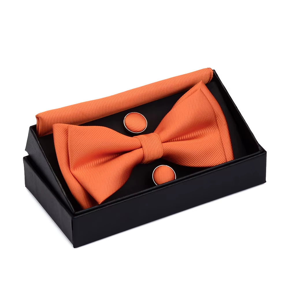 Quality Bowties for Wedding Mens Solid Color Two Layer Pre-Tied Bow Tie and Pocket Square Cufflinks Set with Gift Box