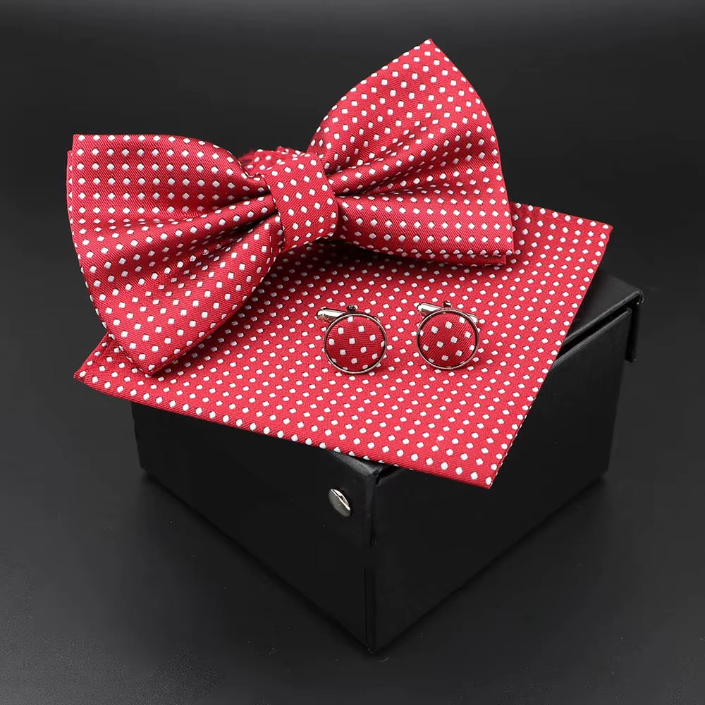 Solid Polyester Dots Bowtie Handkerchief Cufflinks Set Men Fashion Butterfly Party Wedding Bowties without Box Novelty Ties Gift