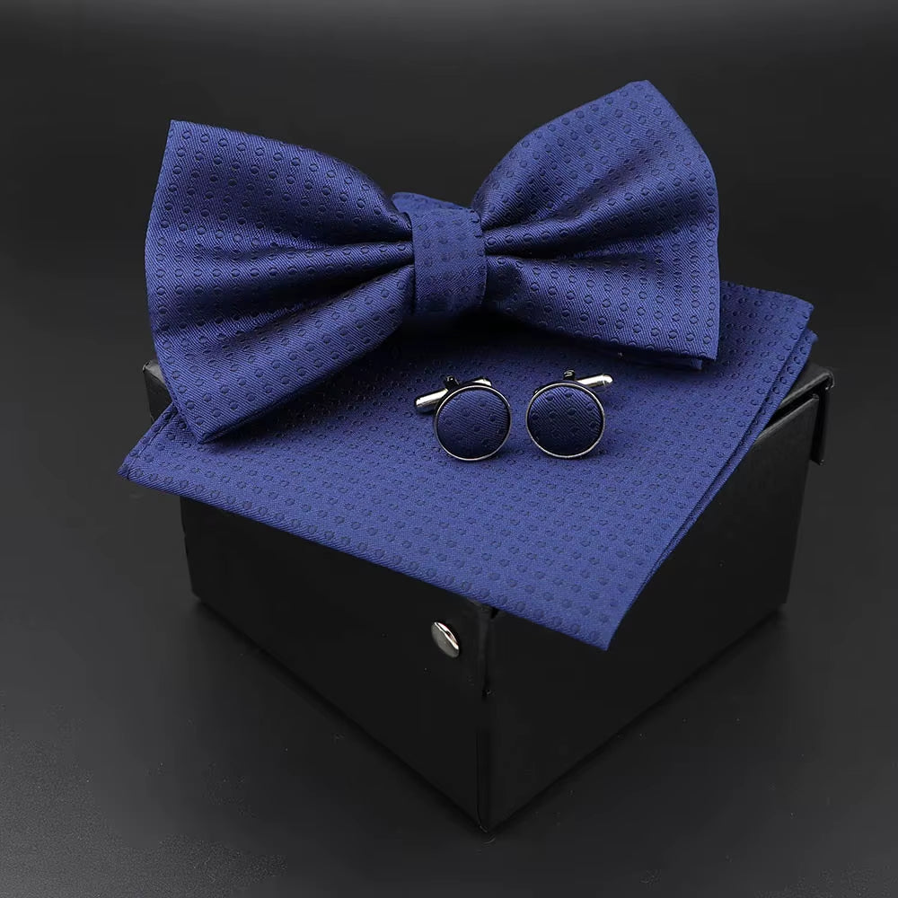 Solid Polyester Dots Bowtie Handkerchief Cufflinks Set Men Fashion Butterfly Party Wedding Bowties without Box Novelty Ties Gift