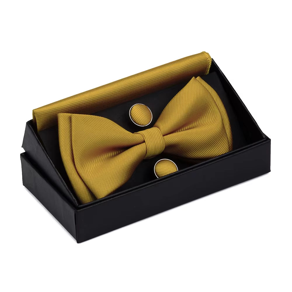 Quality Bowties for Wedding Mens Solid Color Two Layer Pre-Tied Bow Tie and Pocket Square Cufflinks Set with Gift Box