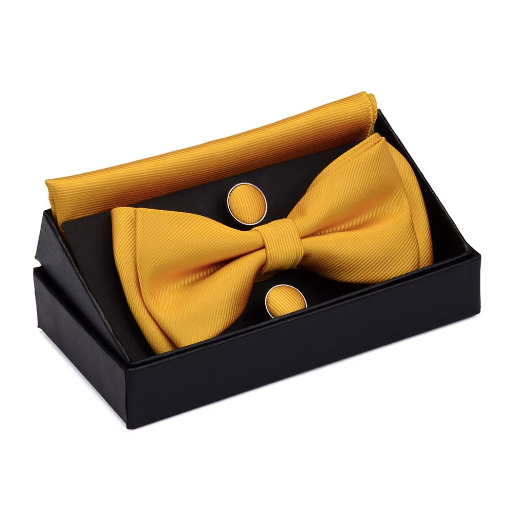 Quality Bowties for Wedding Mens Solid Color Two Layer Pre-Tied Bow Tie and Pocket Square Cufflinks Set with Gift Box