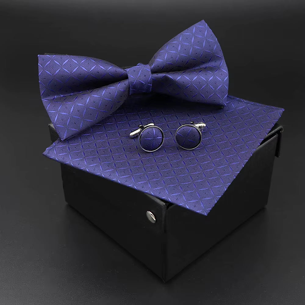 Solid Polyester Dots Bowtie Handkerchief Cufflinks Set Men Fashion Butterfly Party Wedding Bowties without Box Novelty Ties Gift