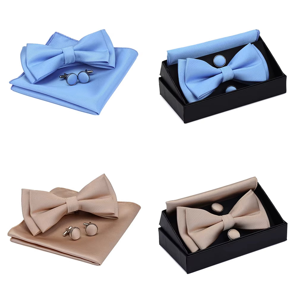 Quality Bowties for Wedding Mens Solid Color Two Layer Pre-Tied Bow Tie and Pocket Square Cufflinks Set with Gift Box