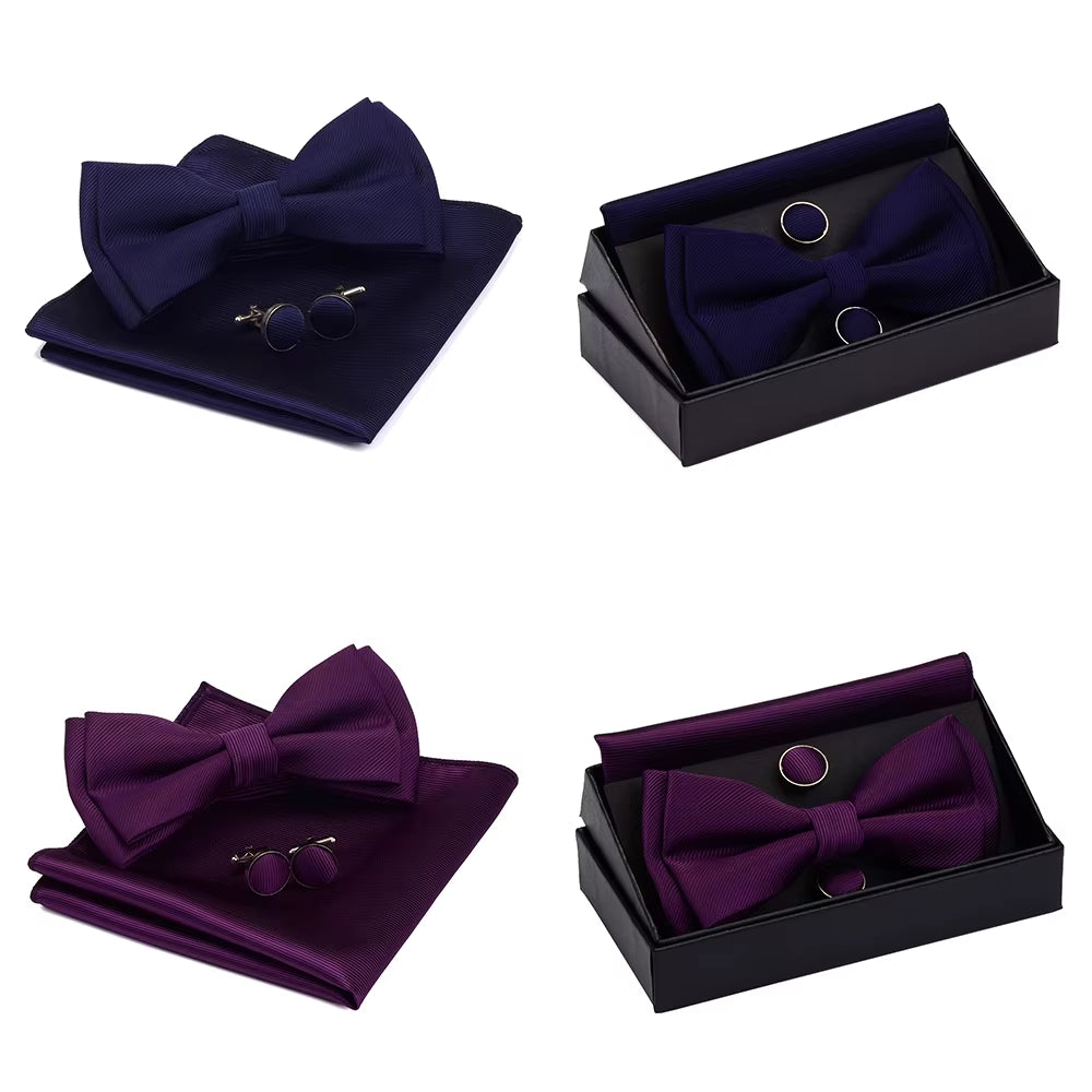 Quality Bowties for Wedding Mens Solid Color Two Layer Pre-Tied Bow Tie and Pocket Square Cufflinks Set with Gift Box