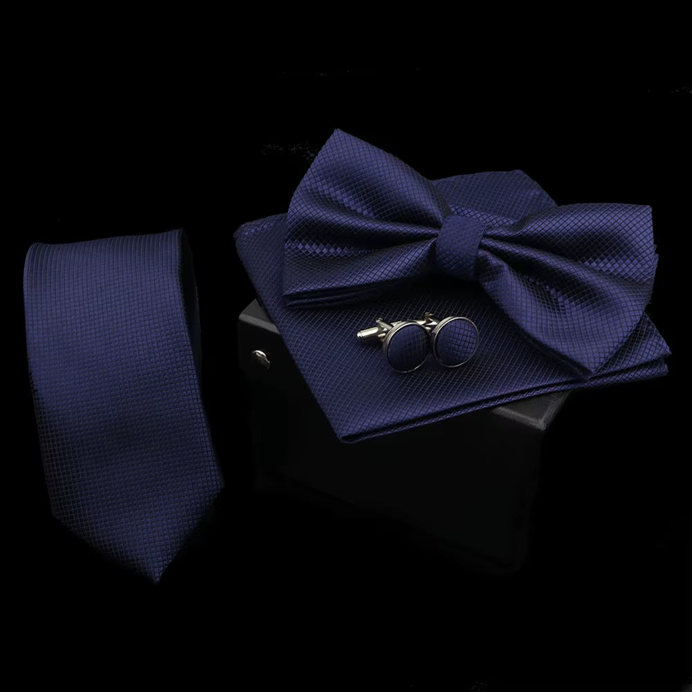 Solid Color Polyester Tie Bowtie Handkerchief Cufflinks Set Men Fashion Butterfly Wedding Necktie without Box Novelty Ties Gift