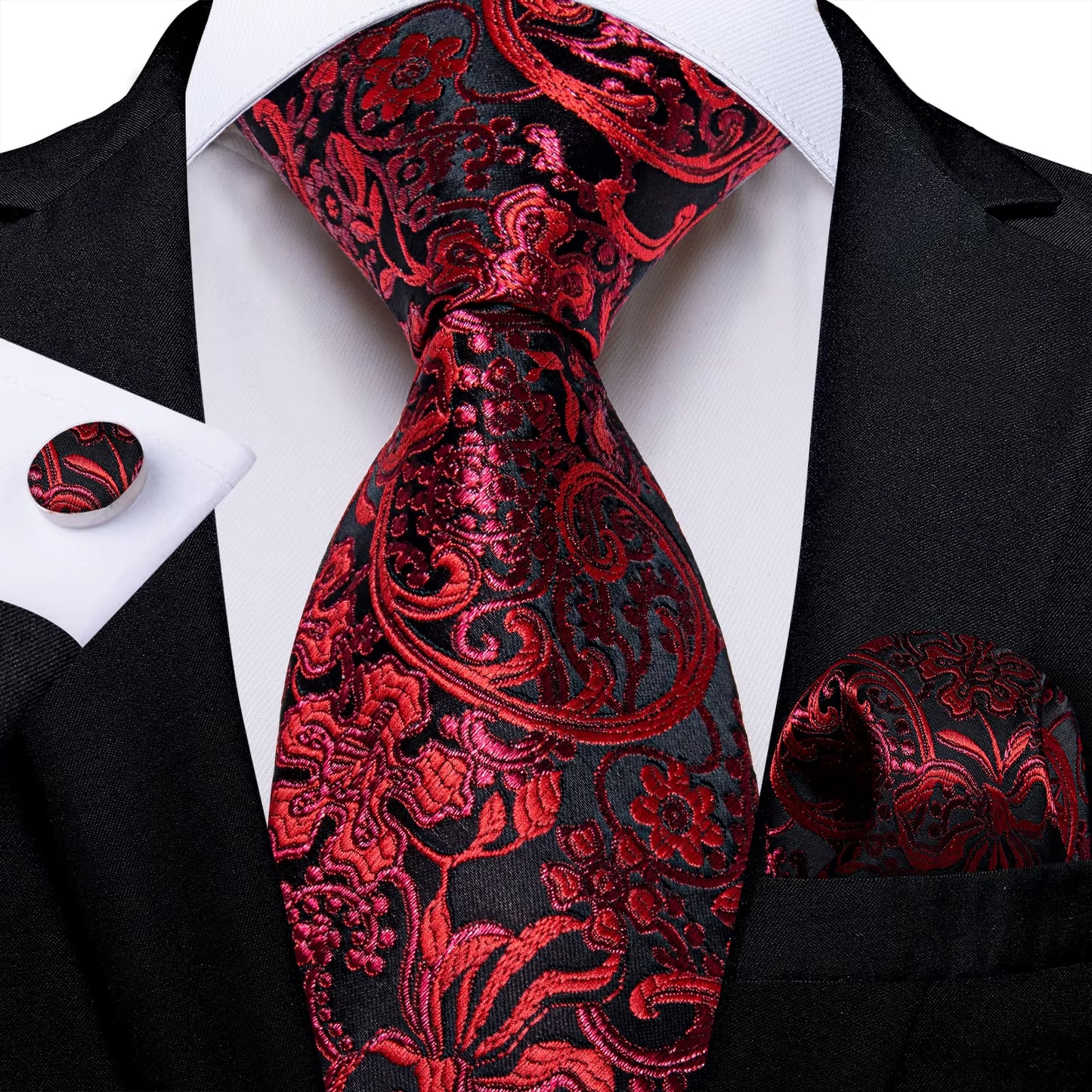 Black Red Rose Floral Ties for Men 8Cm Men'S Silk Neck Tie Handkerchief Cufflinks Set Business Wedding Tie Gift for Men