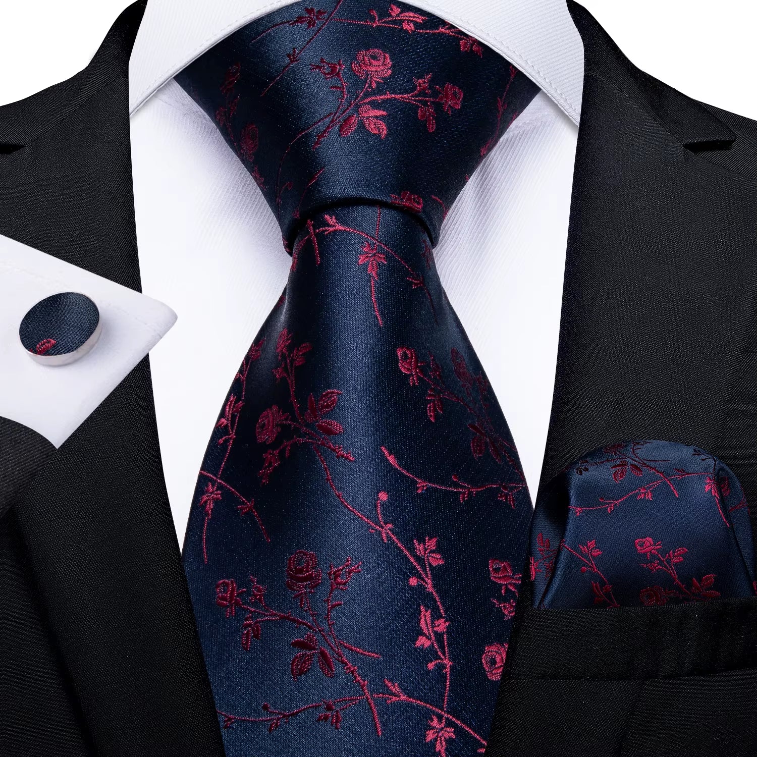 Black Red Rose Floral Ties for Men 8Cm Men'S Silk Neck Tie Handkerchief Cufflinks Set Business Wedding Tie Gift for Men