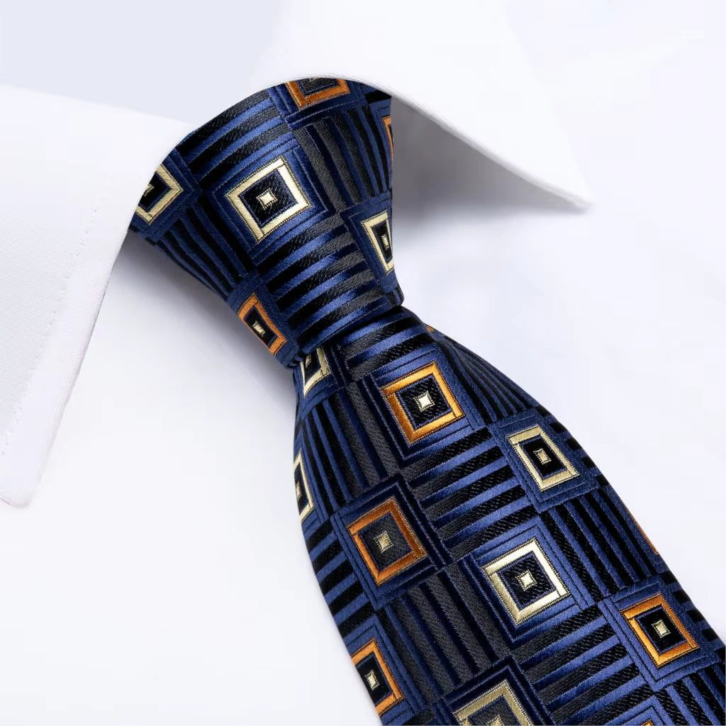 8Cm Blue Plaid Paisley Dot 100% Silk Men Tie Business Formal Wedding Party Necktie Hanky Cufflinks Set Mens Ties Gift