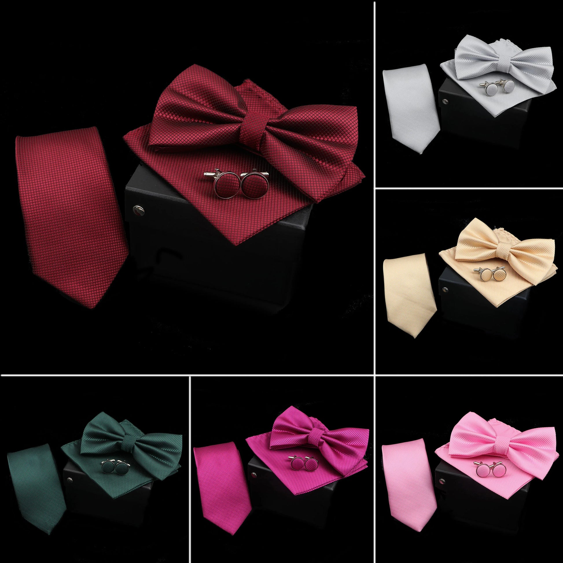 Solid Color Polyester Tie Bowtie Handkerchief Cufflinks Set Men Fashion Butterfly Wedding Necktie without Box Novelty Ties Gift