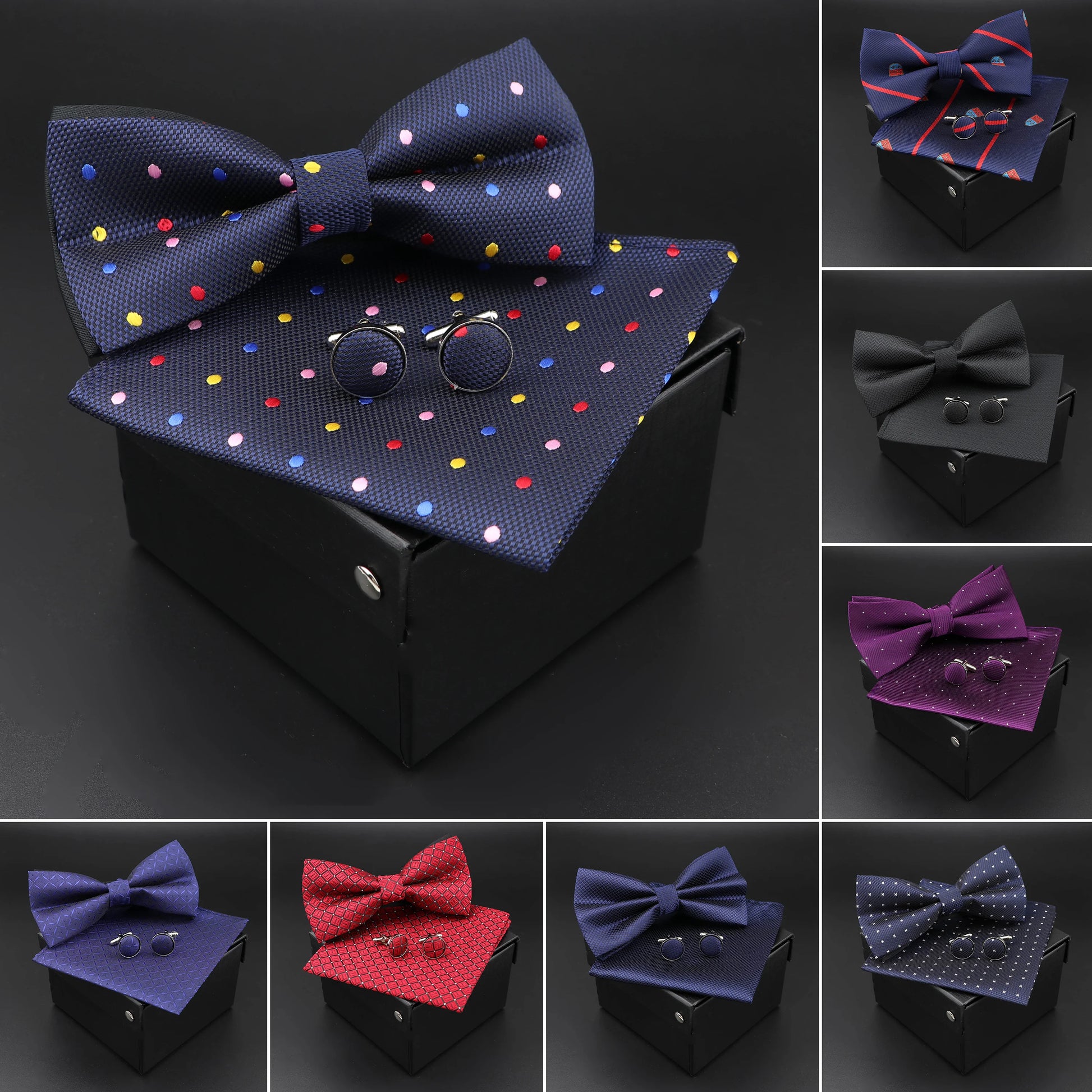 Solid Polyester Dots Bowtie Handkerchief Cufflinks Set Men Fashion Butterfly Party Wedding Bowties without Box Novelty Ties Gift