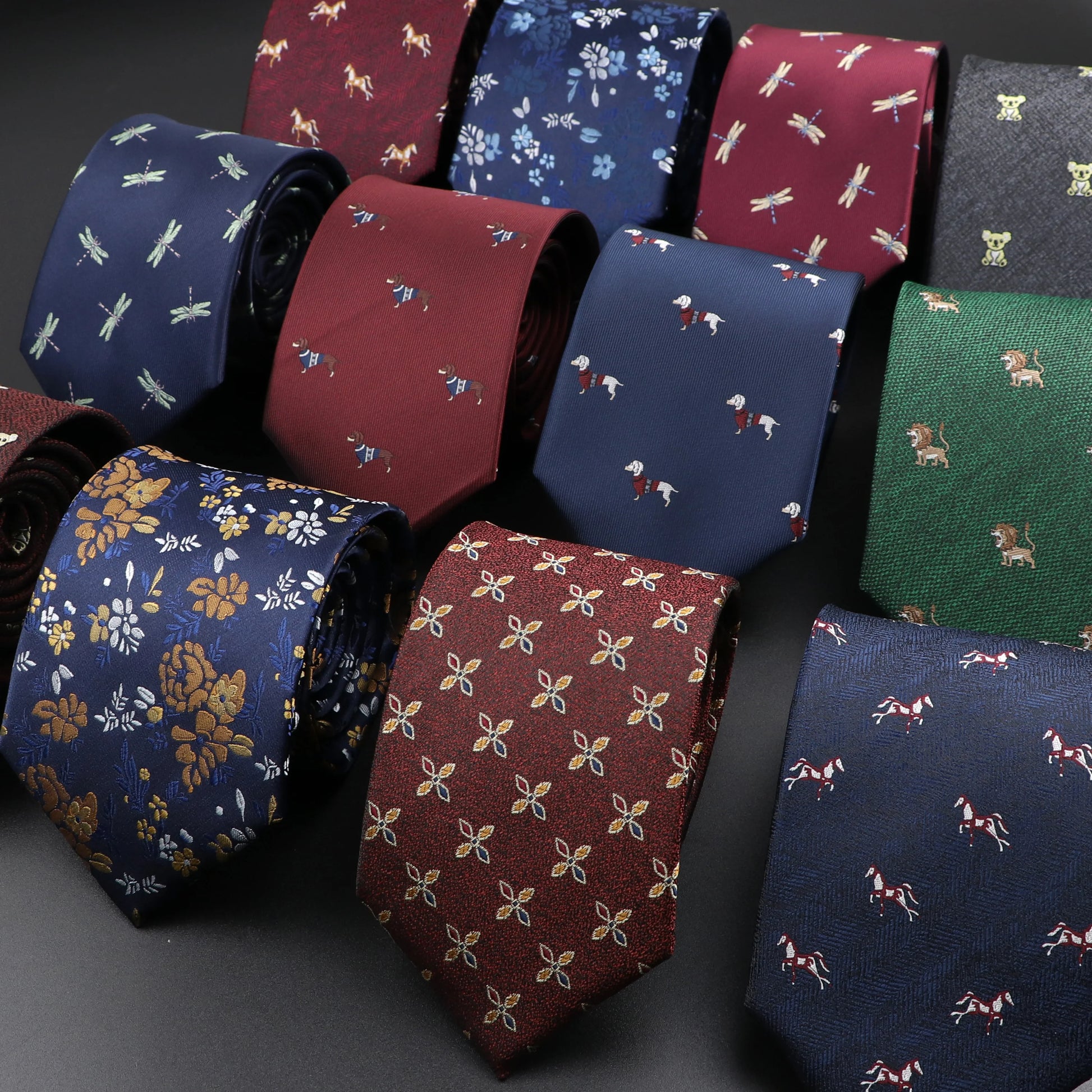 New Casual Men'S Ties Dog Lion Bear Horse Flower Pattern Red Blue Jacquard Necktie for Men Wedding Groom Business Accessories