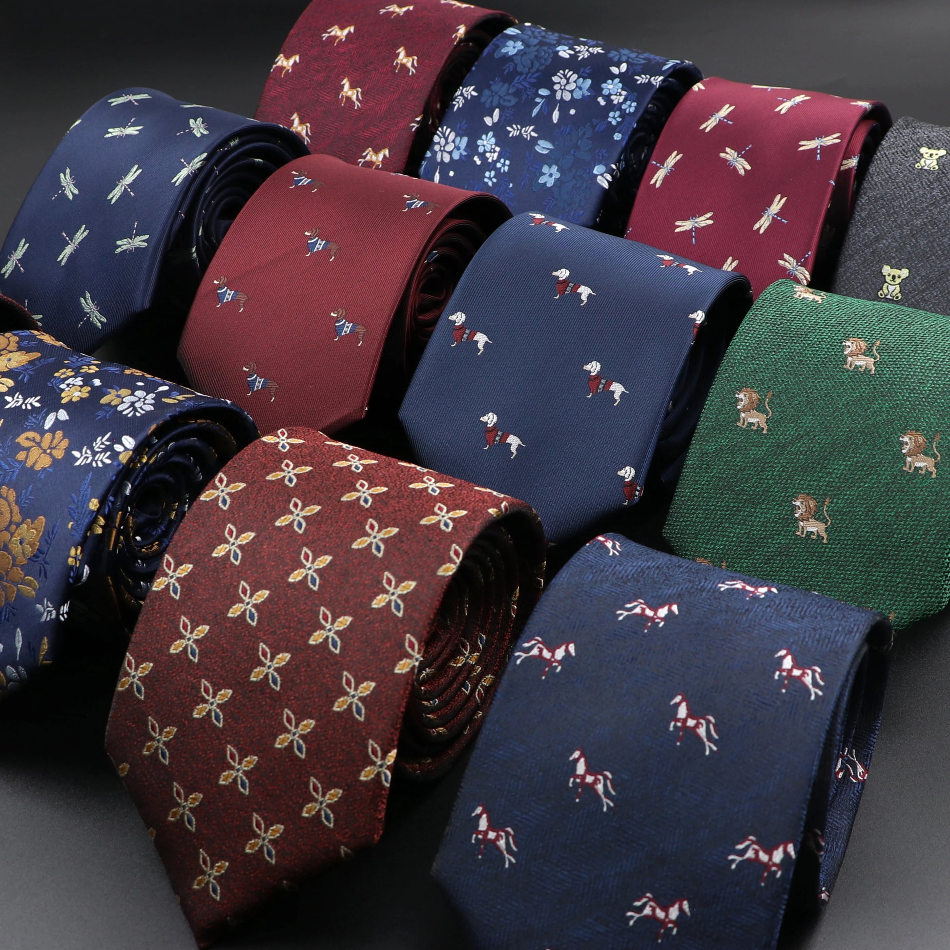 New Casual Men'S Ties Dog Lion Bear Horse Flower Pattern Red Blue Jacquard Necktie for Men Wedding Groom Business Accessories