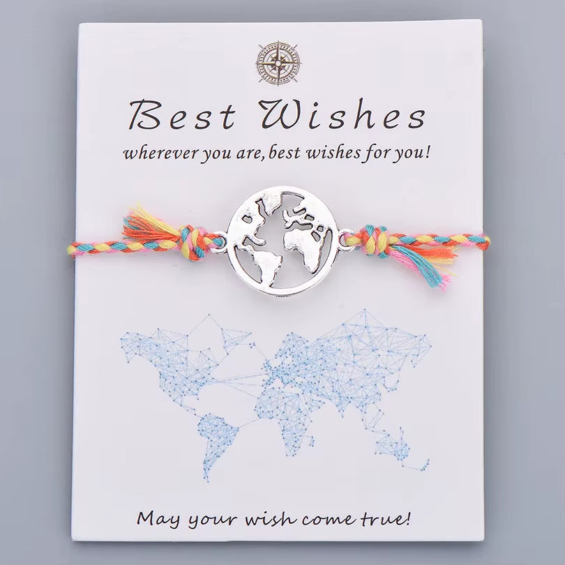 Colorful Braided Rope Charm Bracelet Best Wishes World Map Wish Bracelets for Women Men Kids Bohemian Boho Jewelry Gift