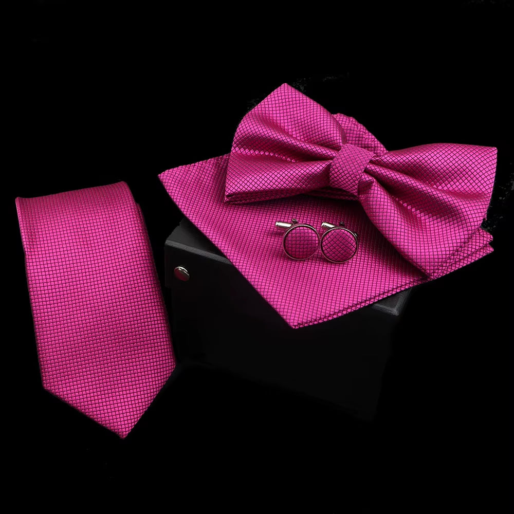 Solid Color Polyester Tie Bowtie Handkerchief Cufflinks Set Men Fashion Butterfly Wedding Necktie without Box Novelty Ties Gift