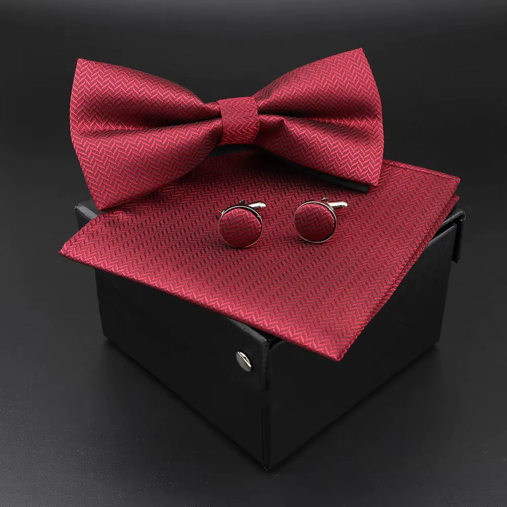 Solid Polyester Dots Bowtie Handkerchief Cufflinks Set Men Fashion Butterfly Party Wedding Bowties without Box Novelty Ties Gift