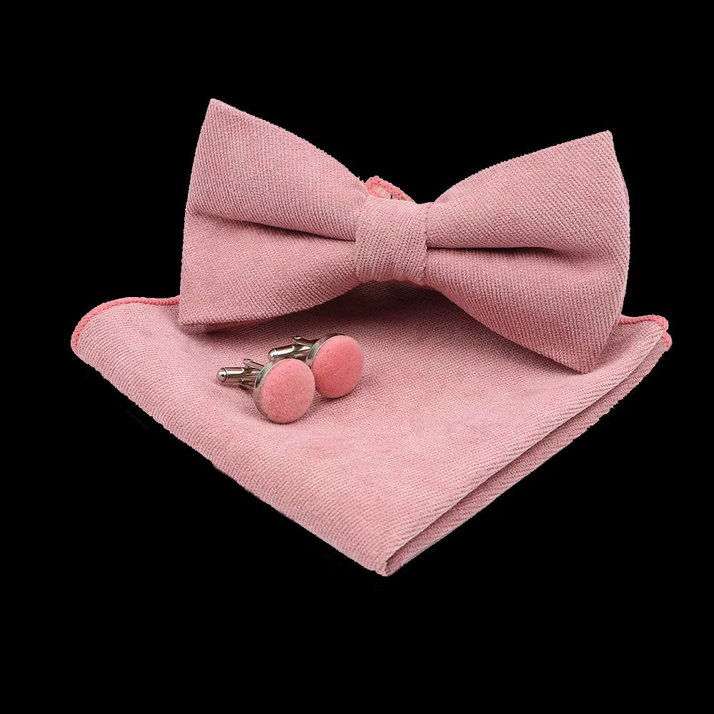 Solid Polyester Dots Bowtie Handkerchief Cufflinks Set Men Fashion Butterfly Party Wedding Bowties without Box Novelty Ties Gift