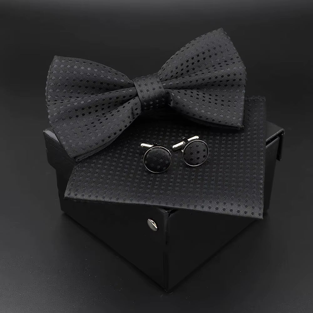 Solid Polyester Dots Bowtie Handkerchief Cufflinks Set Men Fashion Butterfly Party Wedding Bowties without Box Novelty Ties Gift