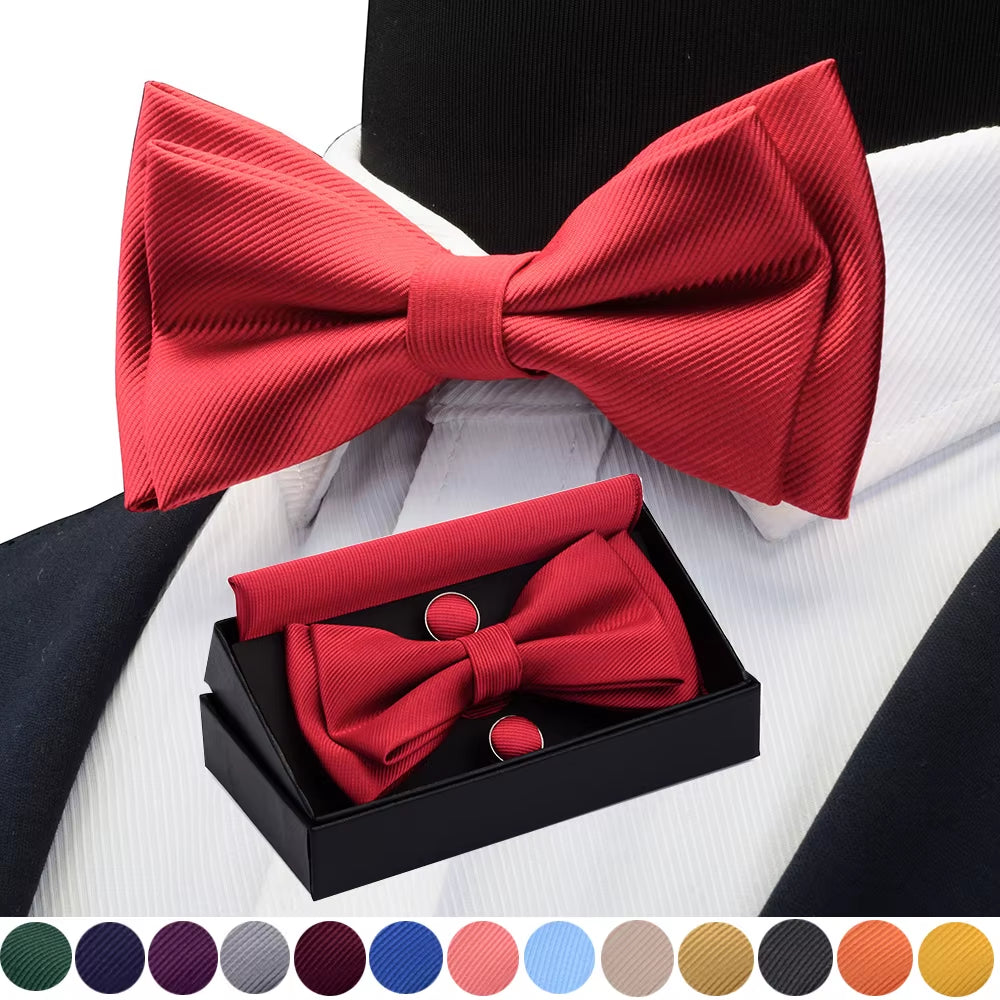 Quality Bowties for Wedding Mens Solid Color Two Layer Pre-Tied Bow Tie and Pocket Square Cufflinks Set with Gift Box