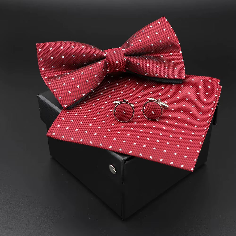 Solid Polyester Dots Bowtie Handkerchief Cufflinks Set Men Fashion Butterfly Party Wedding Bowties without Box Novelty Ties Gift