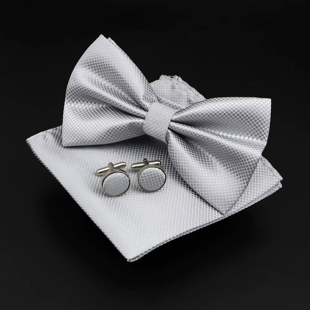 Solid Polyester Dots Bowtie Handkerchief Cufflinks Set Men Fashion Butterfly Party Wedding Bowties without Box Novelty Ties Gift