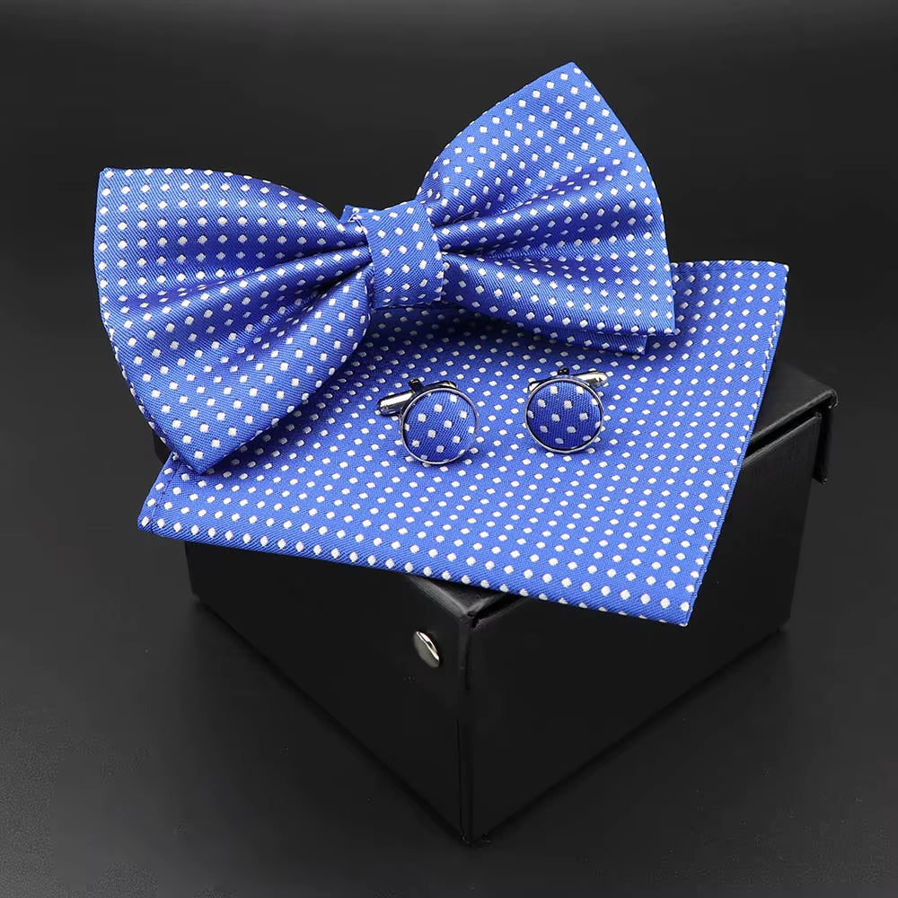 Solid Polyester Dots Bowtie Handkerchief Cufflinks Set Men Fashion Butterfly Party Wedding Bowties without Box Novelty Ties Gift