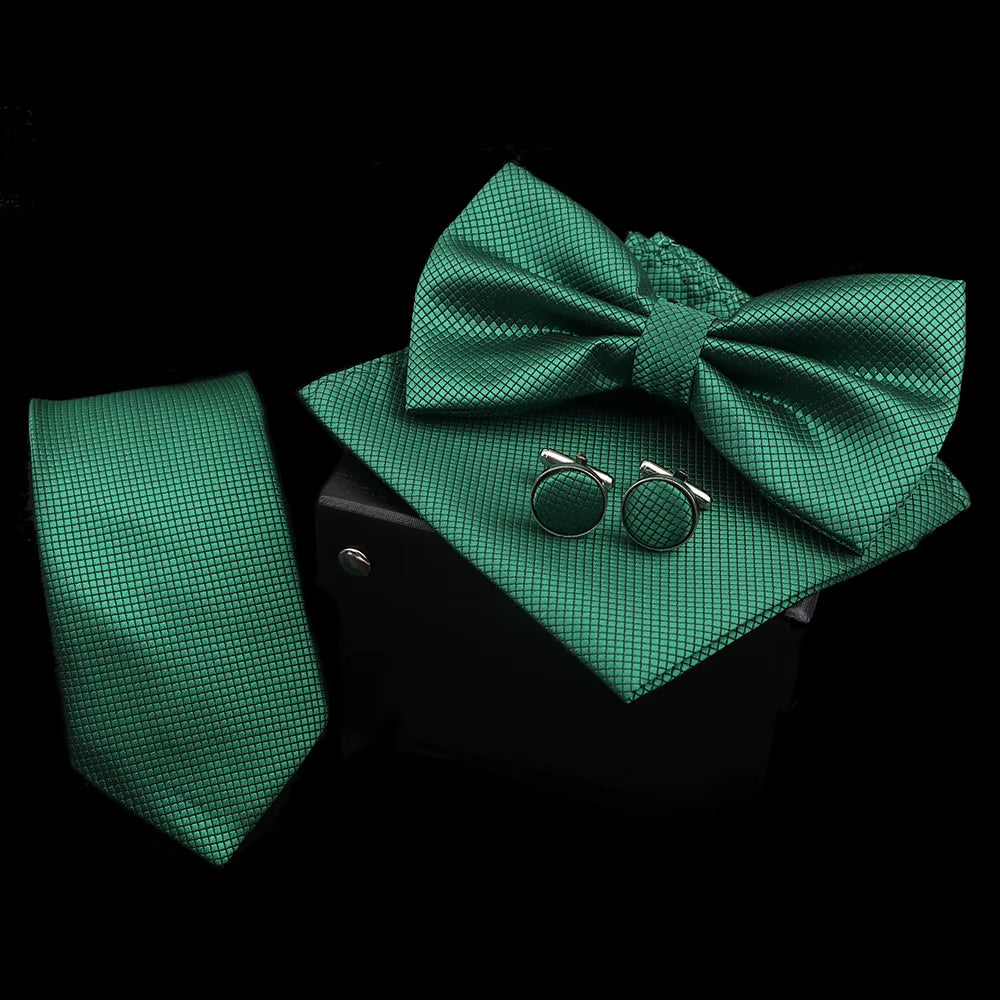 Solid Color Polyester Tie Bowtie Handkerchief Cufflinks Set Men Fashion Butterfly Wedding Necktie without Box Novelty Ties Gift