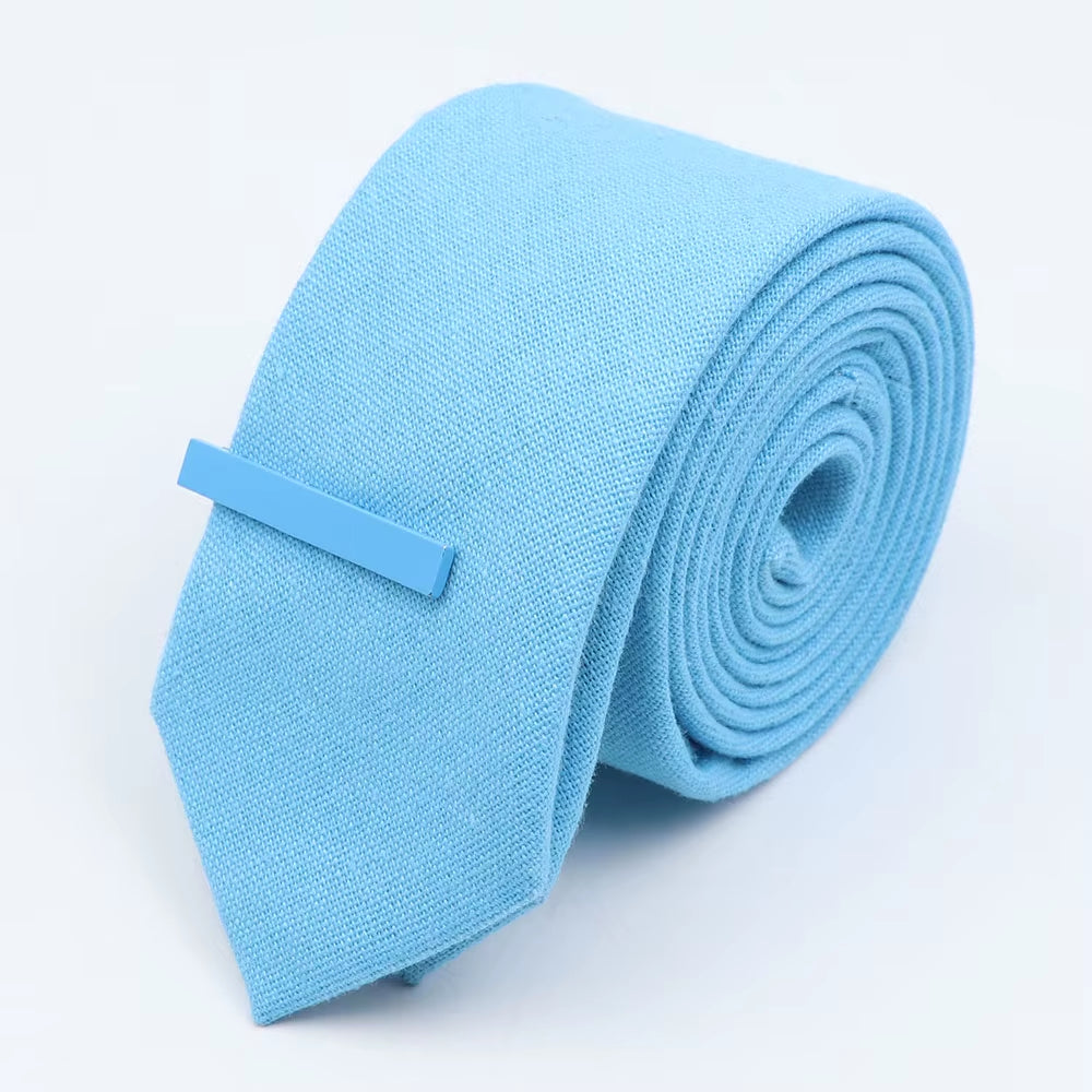 Tie&Clip Set Fashion 6Cm Solid Color Linen/Cotton Necktie Bright Ties Pin Clips Clasp Colourful for Men'S Clothing Accessories