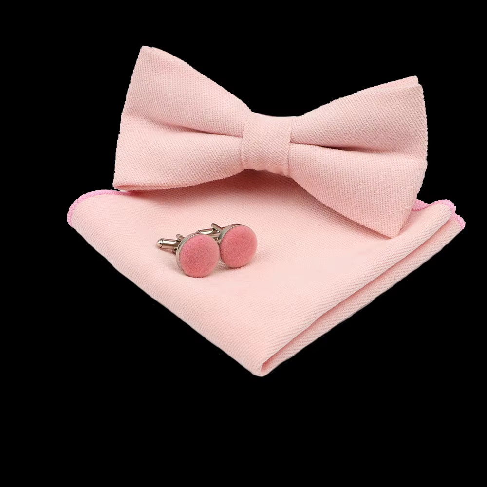 Solid Polyester Dots Bowtie Handkerchief Cufflinks Set Men Fashion Butterfly Party Wedding Bowties without Box Novelty Ties Gift