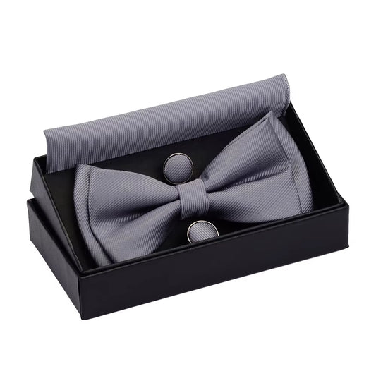 Quality Bowties for Wedding Mens Solid Color Two Layer Pre-Tied Bow Tie and Pocket Square Cufflinks Set with Gift Box