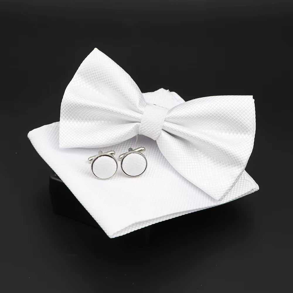 Solid Polyester Dots Bowtie Handkerchief Cufflinks Set Men Fashion Butterfly Party Wedding Bowties without Box Novelty Ties Gift