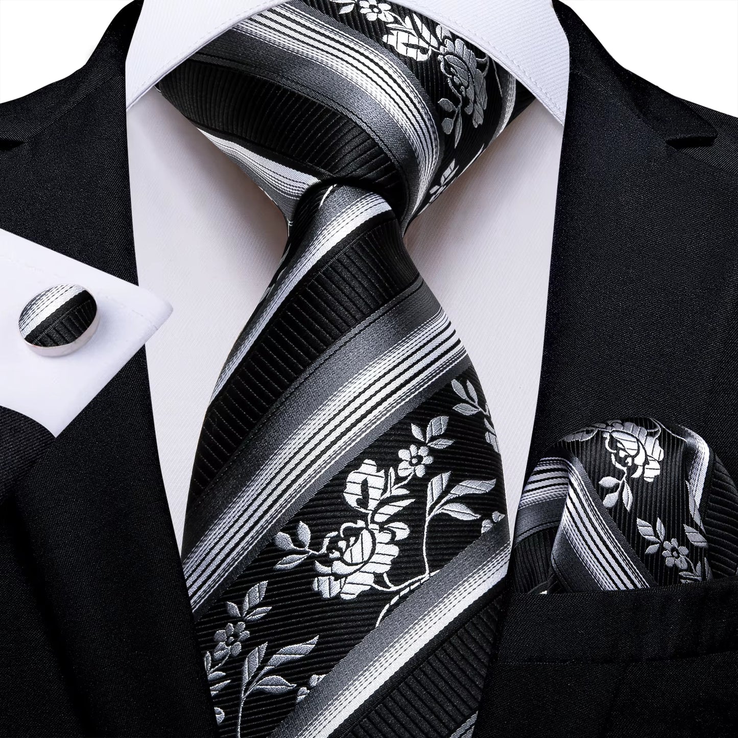 Black Red Rose Floral Ties for Men 8Cm Men'S Silk Neck Tie Handkerchief Cufflinks Set Business Wedding Tie Gift for Men