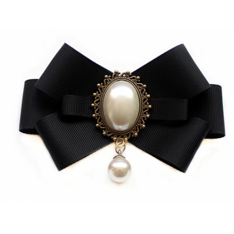 Imitation Pearl Ribbon Brooches Pin Bow Tie Vintage Pre-Tied Collar Jewelry Bowknot Shirt Necktie Clip for Women Girls