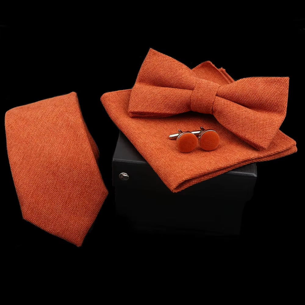 Solid Color Polyester Tie Bowtie Handkerchief Cufflinks Set Men Fashion Butterfly Wedding Necktie without Box Novelty Ties Gift